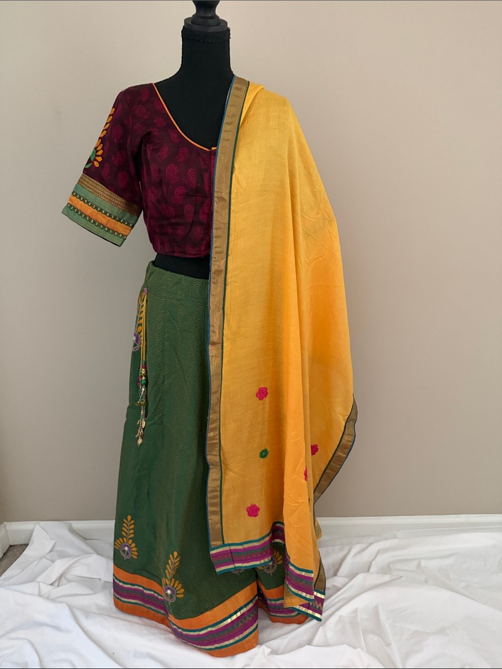 Yellow and Green Embroidered Women's Navratri Garba Set